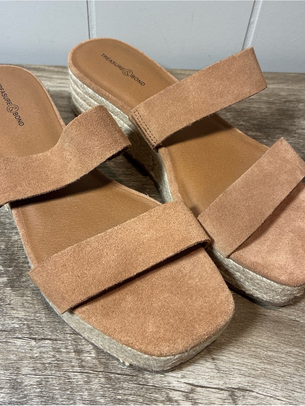Treasure & Bond Tan Suede Double-Strap Espadrille Wedges Boho Summer Beach